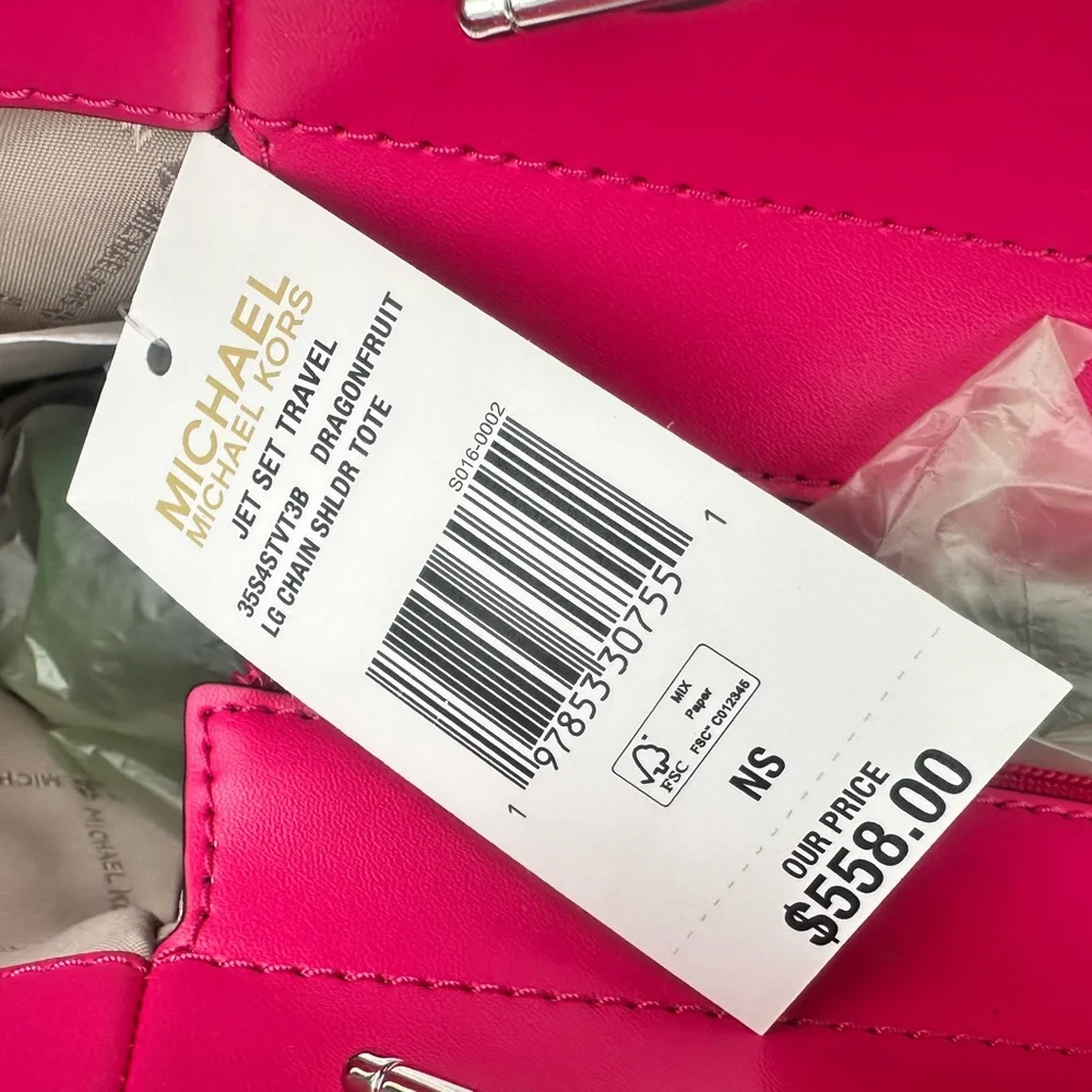 Michael Kors Jet set large chain shoulder tote Dragonfruit mk logo - Picture 12 of 16